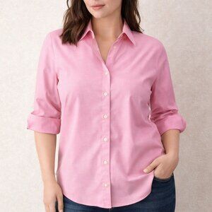 Lands’ End No Iron Pinpoint Oxford Pink Button Down Shirt Womens 8 Cotton
